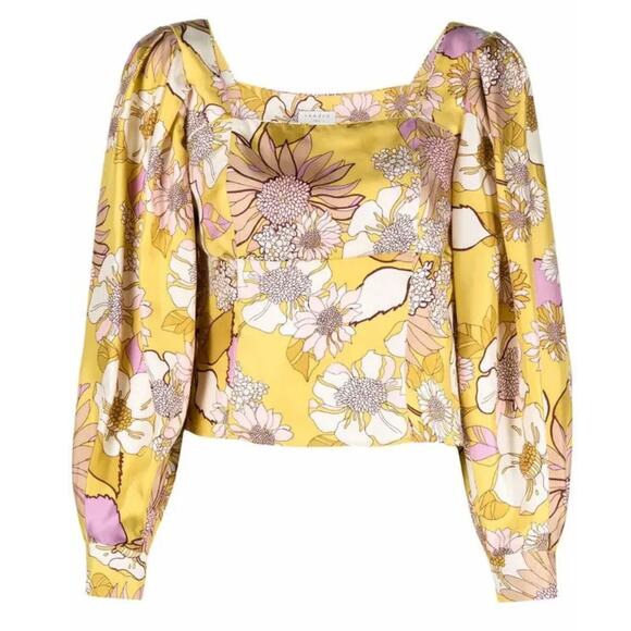 SANDRO NWT Ginger Blouse Yellow Green Size 0 Floral Print Silk Twill Square Neck - Picture 14 of 14
